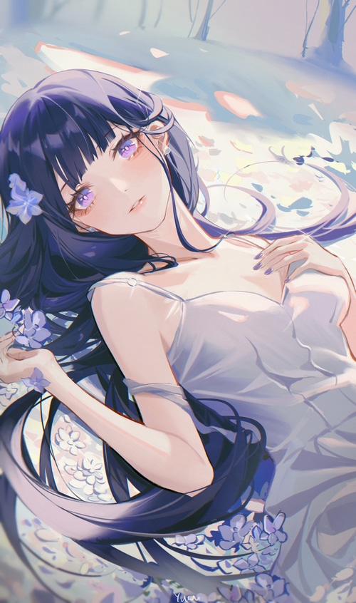 Raiden Shogun in a white dress with flowers