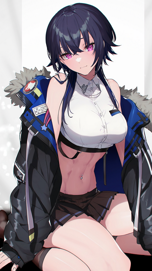 Anime girl with pink eyes wearing a crop top and skirt