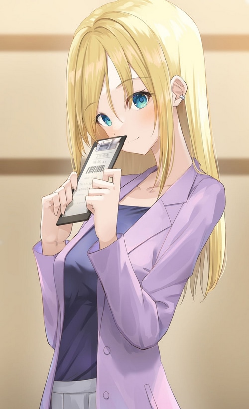 Anime girl with blonde hair holding a ticket