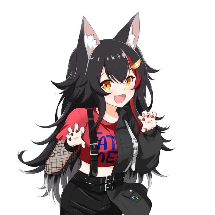 Anime cat girl with black hair and yellow eyes