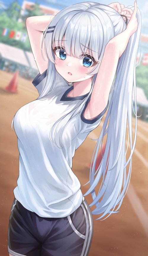 Anime girl with white hair in gym clothes
