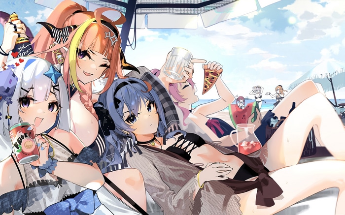 Anime girls enjoying pizza and soda at the beach