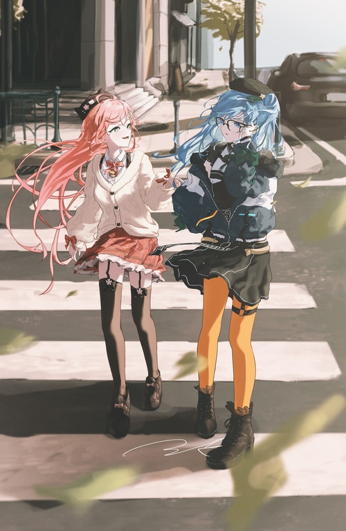 Two anime girls with pink and blue hair walking