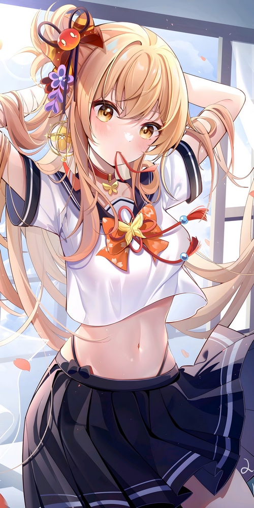 Yoimiya in a school uniform with a crop top and skirt