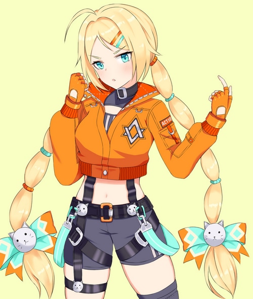 Anime girl with blonde pigtails and orange jacket