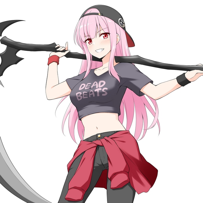 Mori Calliope with a scythe and a crop top