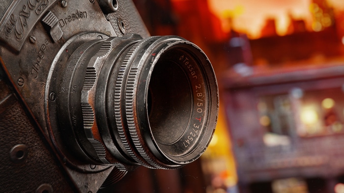 Close-up of a vintage Carl Zeiss Jena Tessar camera lens