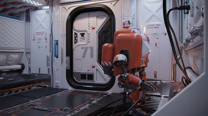 Orange robot in a futuristic spaceship corridor