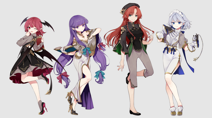 Touhou fan art featuring Izayoi Sakuya, Hong Meiling, Patchouli Knowledge, and Koakuma