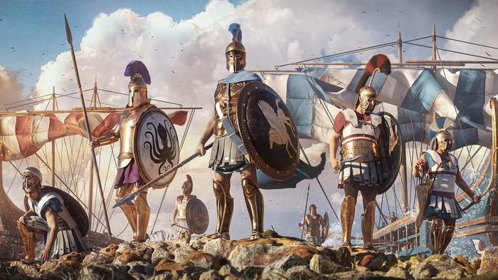 Ancient Greek soldiers with shields and spears on ships