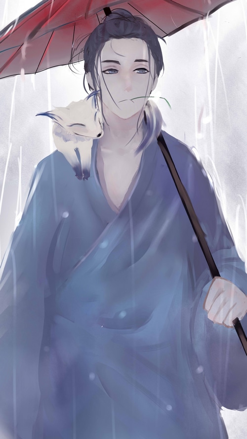Anime boy with fox under umbrella in rain