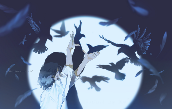 Person with shadows of birds and feathers