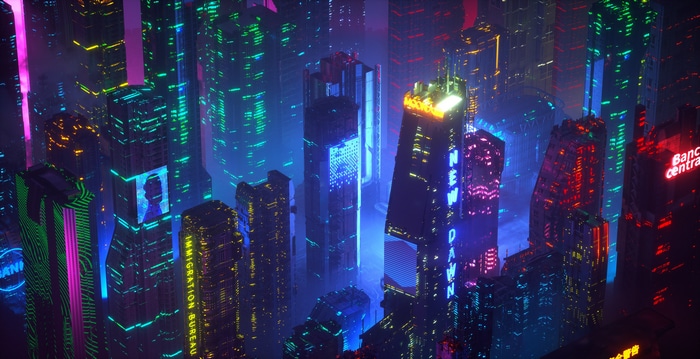 Cyberpunk cityscape with neon lights and tall buildings