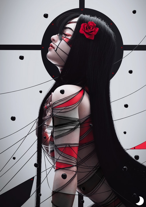 Woman with black hair and red accents, Dylan Kowalski