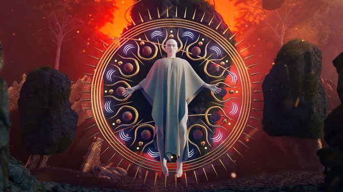 Fantasy art of a floating figure in a cosmic circle