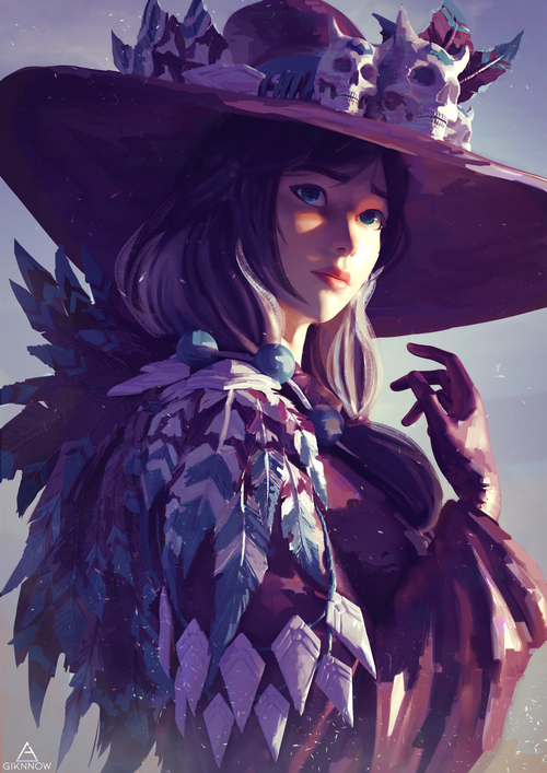 Fantasy girl in a witch hat with skulls
