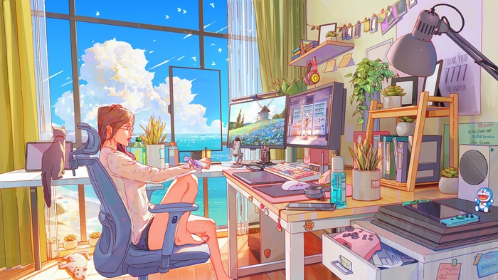 Woman working at a desk by the ocean with cats