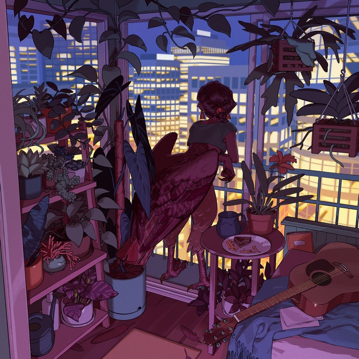 Bird-like person on a balcony with plants and city view