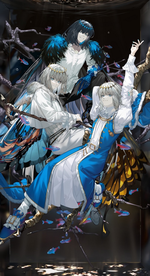 Anime boys with blue eyes and bird-like features