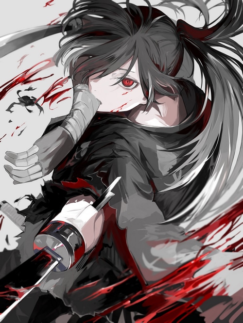 Hyakkimaru from Dororo with sword and red eyes