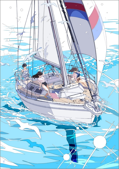 Anime girls on a sailboat with birds