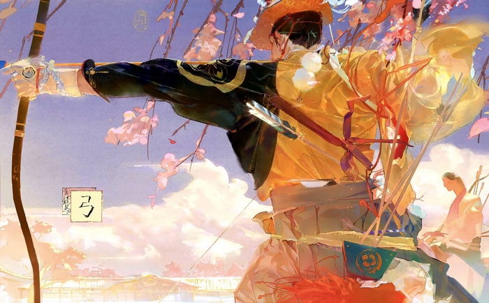 Anime archer drawing a bow with cherry blossoms