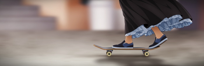 Girl skateboarding in a black dress