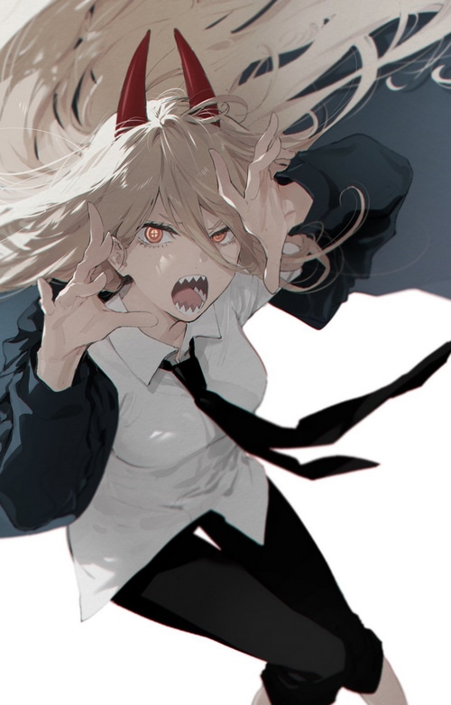 Power from Chainsaw Man with red horns and yellow eyes