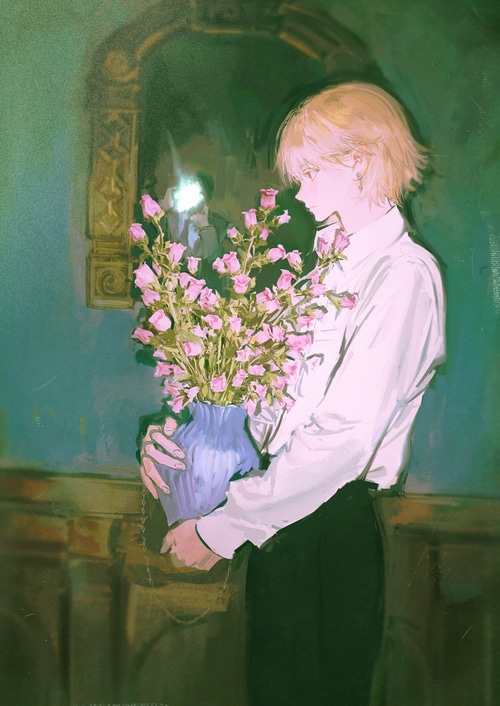 Blonde person with red eyes holding pink roses