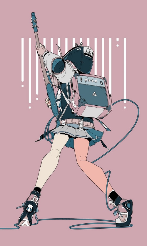 Anime girl with guitar and amplifier backpack