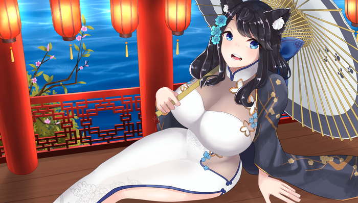 Azur Lane Fusou with fan and umbrella