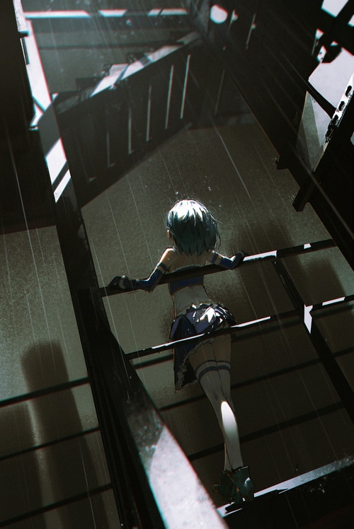 Miki Sayaka in the rain on a staircase