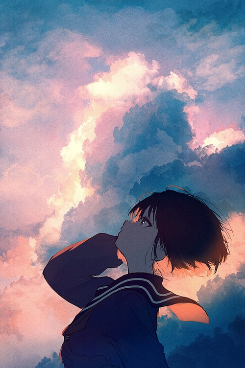 Anime girl looking up at a cloudy sky