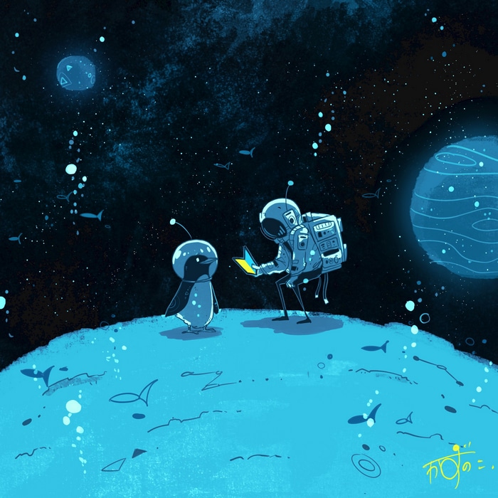 Astronaut and Penguin explore a blue planet in space