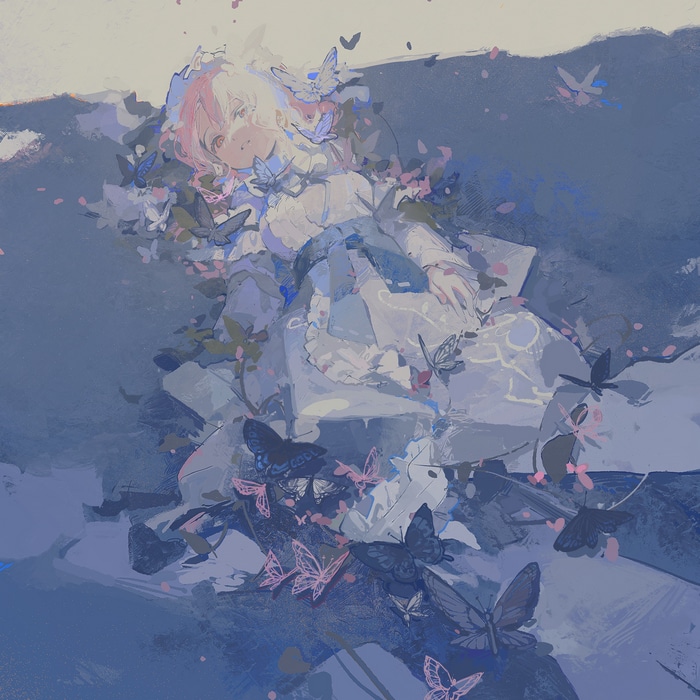 Girl in white dress surrounded by butterflies