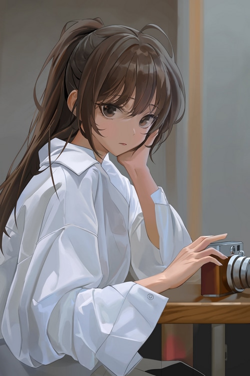 Anime girl with brown hair and a camera