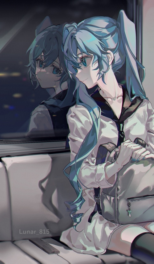 Hatsune Miku in a school uniform on a train