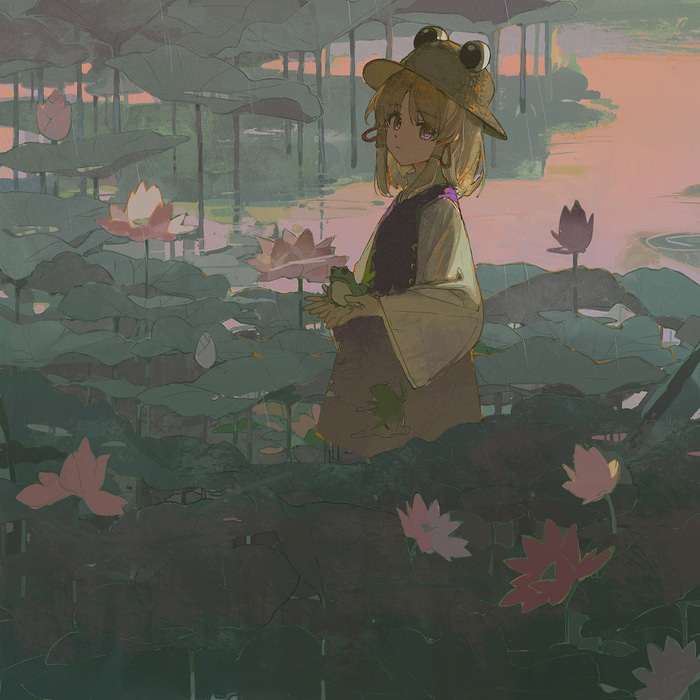 Moriya Suwako in a lotus pond with frogs