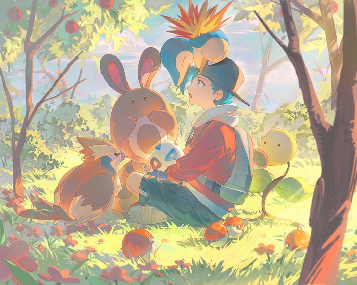 Pokémon trainer with Pokémon in a sunny forest