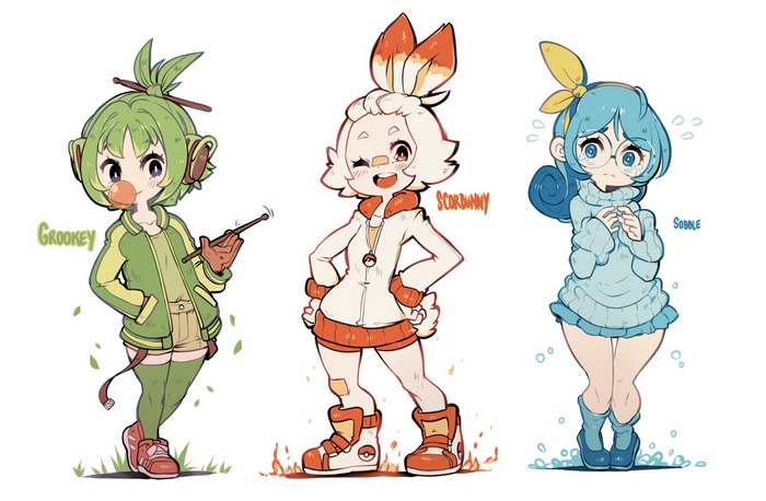 Grookey, Scorbunny, and Sobble from Pokémon