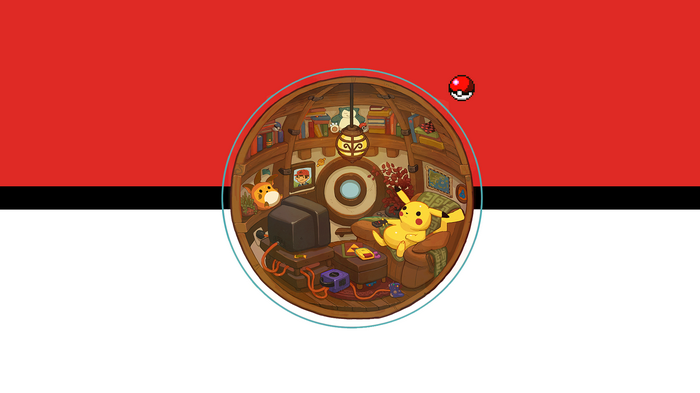 Pikachu and friends relaxing in a cozy room inside a Poke Ball