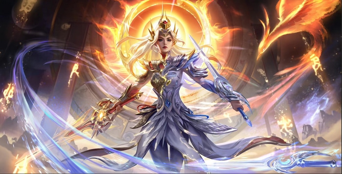 Artwork of a warrior with a sun halo and phoenix