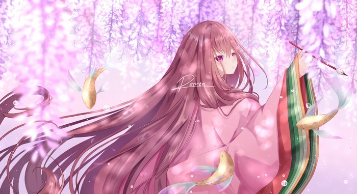 Murasaki Shikibu painting under wisteria flowers