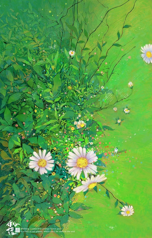Daisies and green foliage in a forest pool