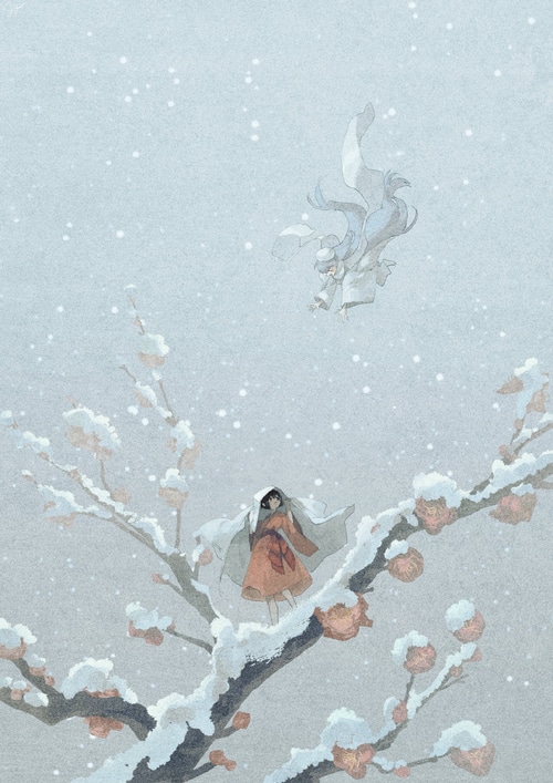 Two figures in a snowy landscape with plum blossoms