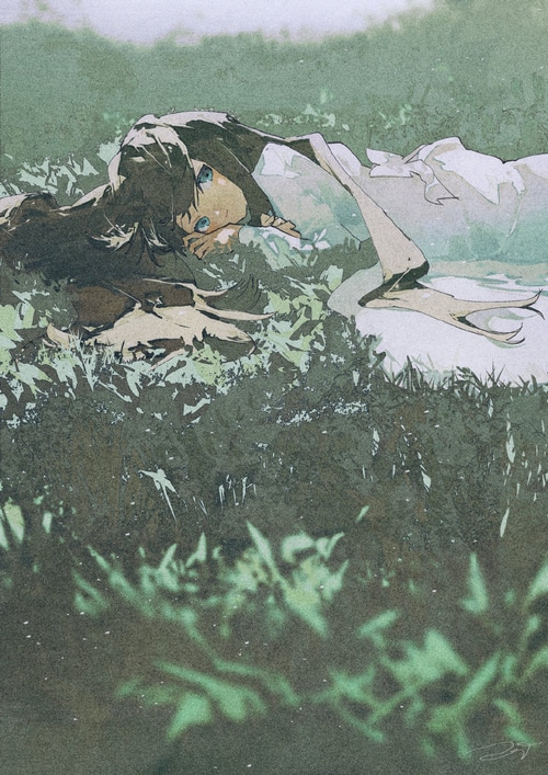 Artwork of a girl lying in grass