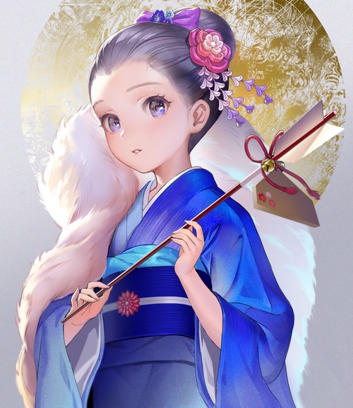 Anime girl in blue kimono holding a decorative arrow