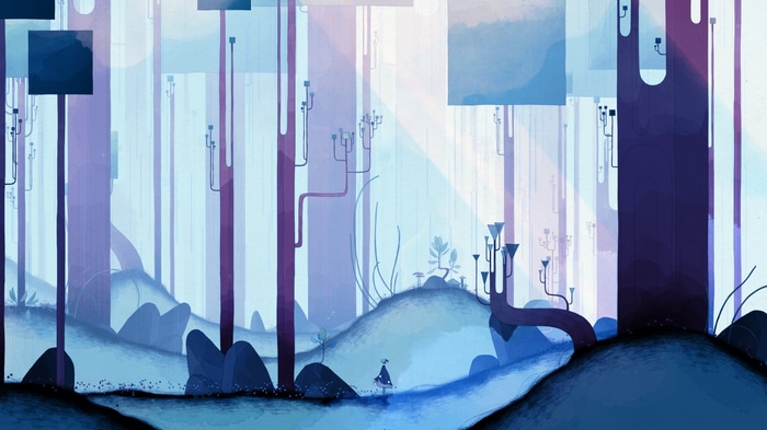 A lone figure walks through a surreal blue forest in Gris.