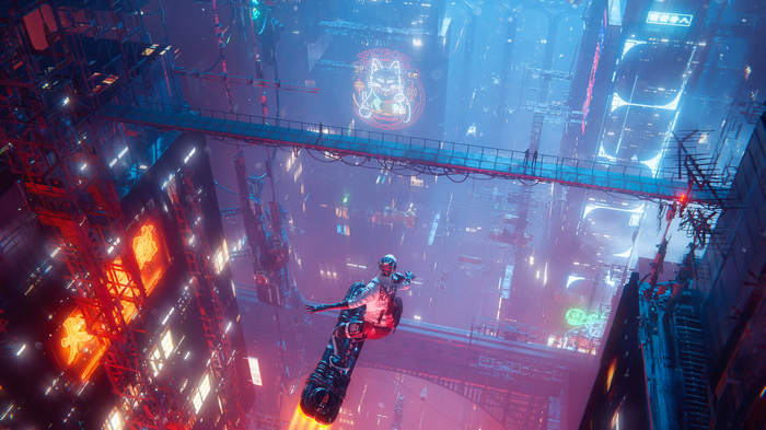 Cyberpunk city with a person on a hoverboard
