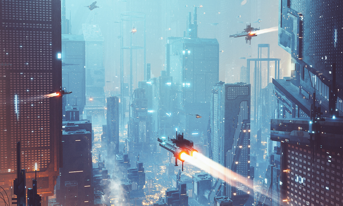 Futuristic cyberpunk city with flying spaceships